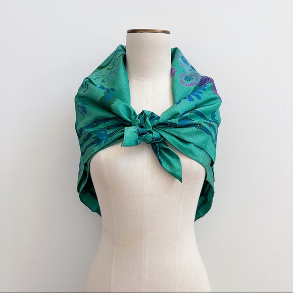 Green Blue Thai Silk Scarf 35” Floral Bird Bamboo - Picture 2 of 12